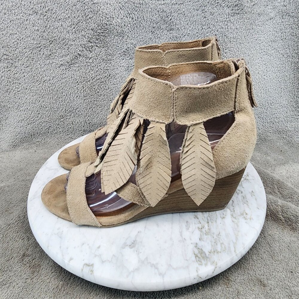 Yellowbox Shoes Womens Size 7 Feather Tan Suede Open-Toe Wedge Sandals *GUC*